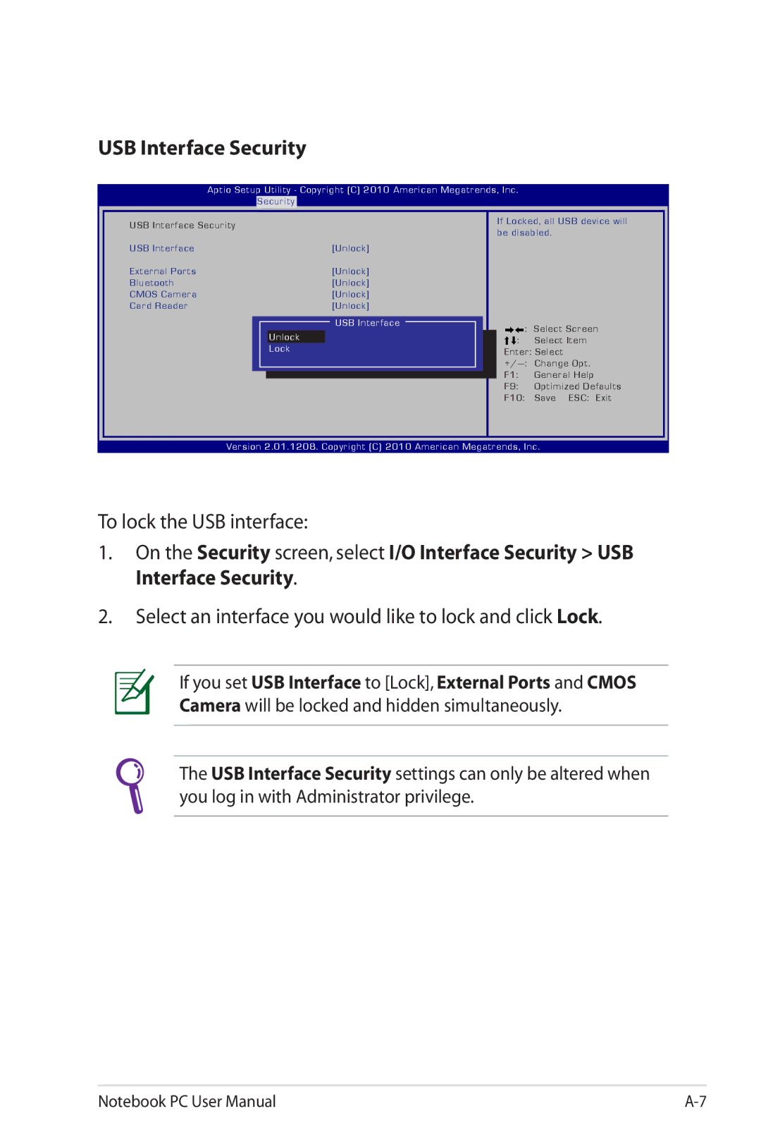 Asus G74SXDH733D user manual USB Interface Security, To lock the USB interface 