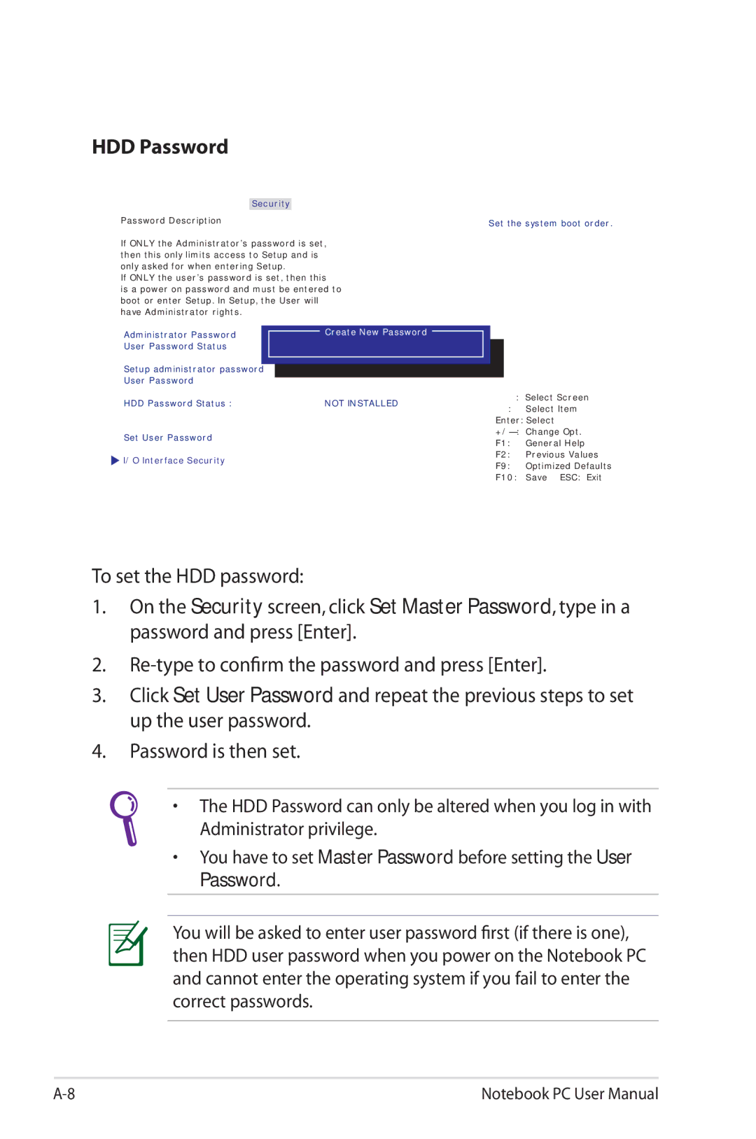 Asus G74SXDH733D user manual HDD Password, Not Installed 