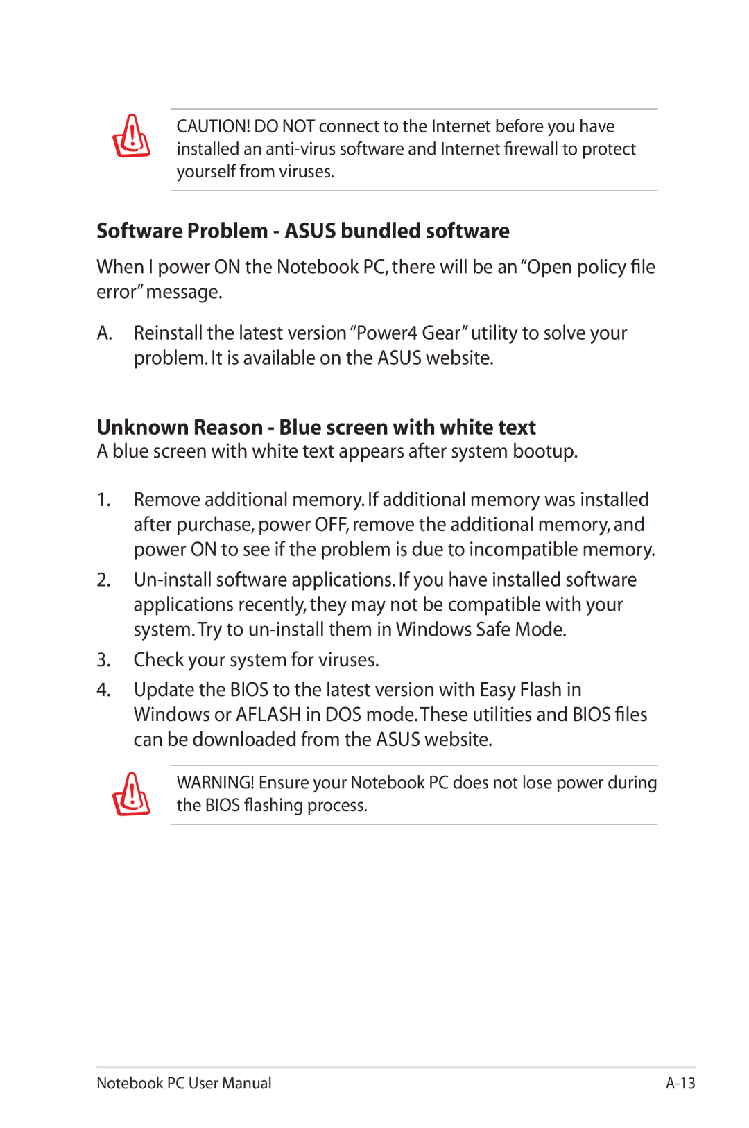 Asus G74SXDH733D user manual Software Problem Asus bundled software, Unknown Reason Blue screen with white text 