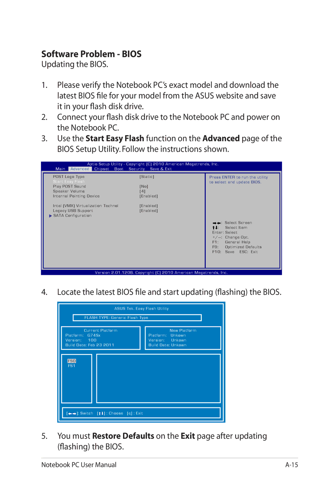 Asus G74SXDH733D user manual Software Problem Bios, Start Easy Flash 