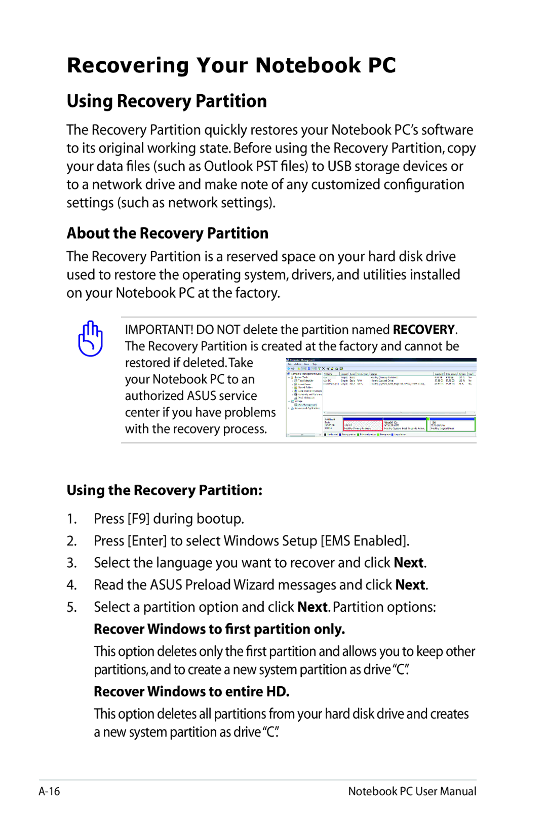 Asus G74SXDH733D user manual Recovering Your Notebook PC, Using Recovery Partition, About the Recovery Partition 