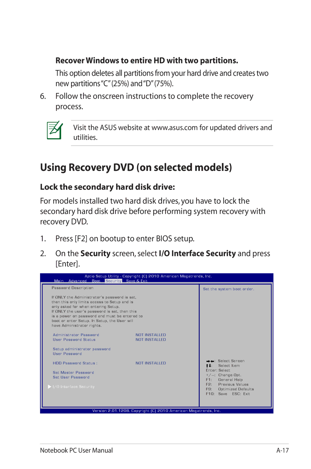 Asus G74SXDH733D user manual Using Recovery DVD on selected models, Recover Windows to entire HD with two partitions 