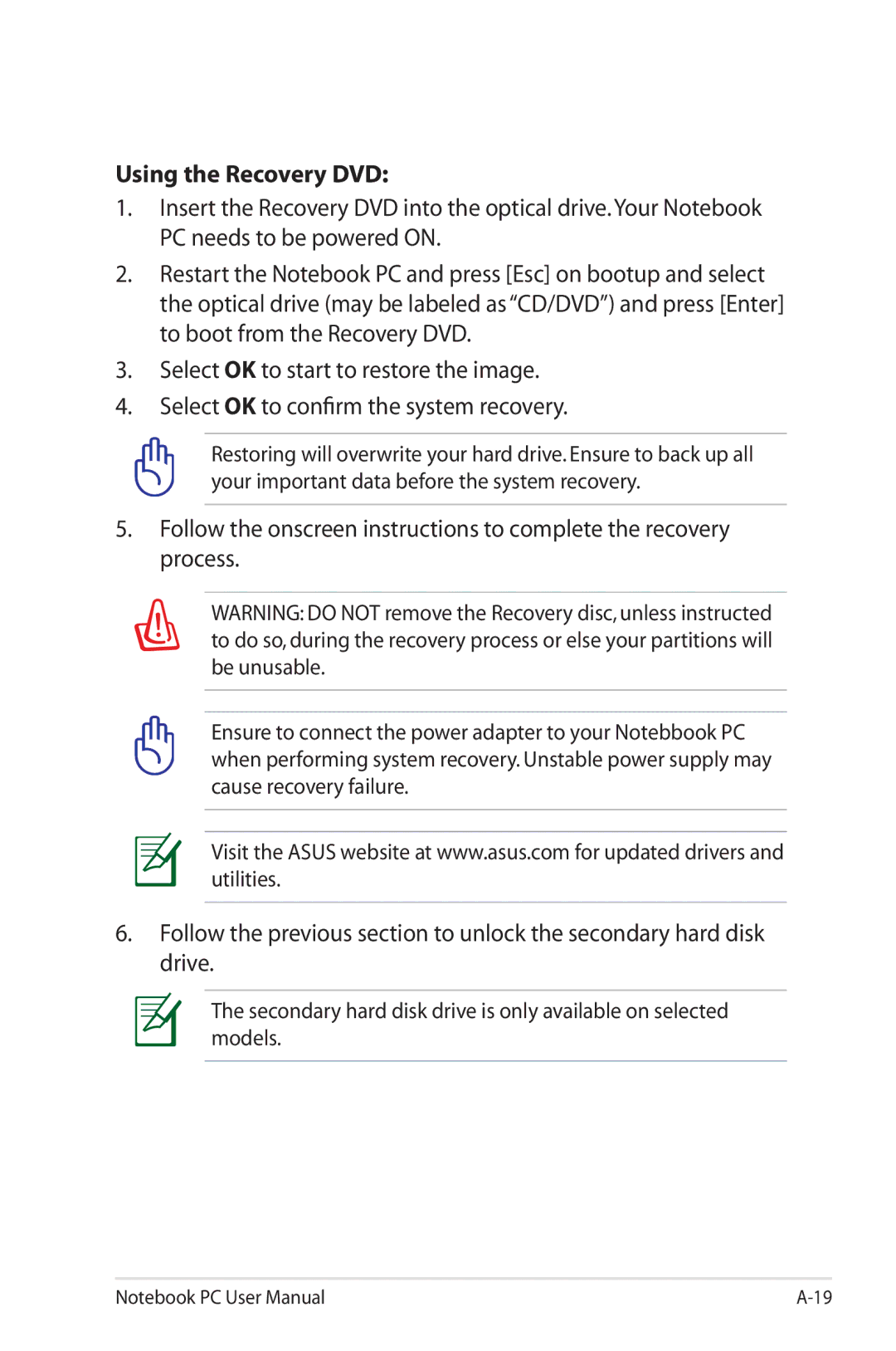 Asus G74SXDH733D user manual Using the Recovery DVD 