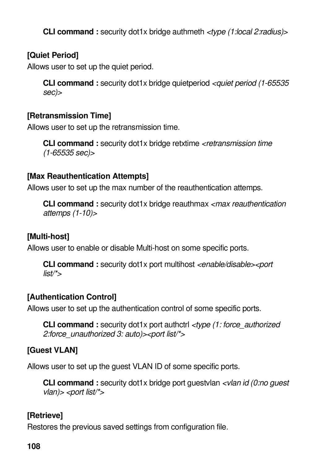 Asus GigaX manual Quiet Period, Retransmission Time, Max Reauthentication Attempts, Multi-host, Authentication Control, 108 