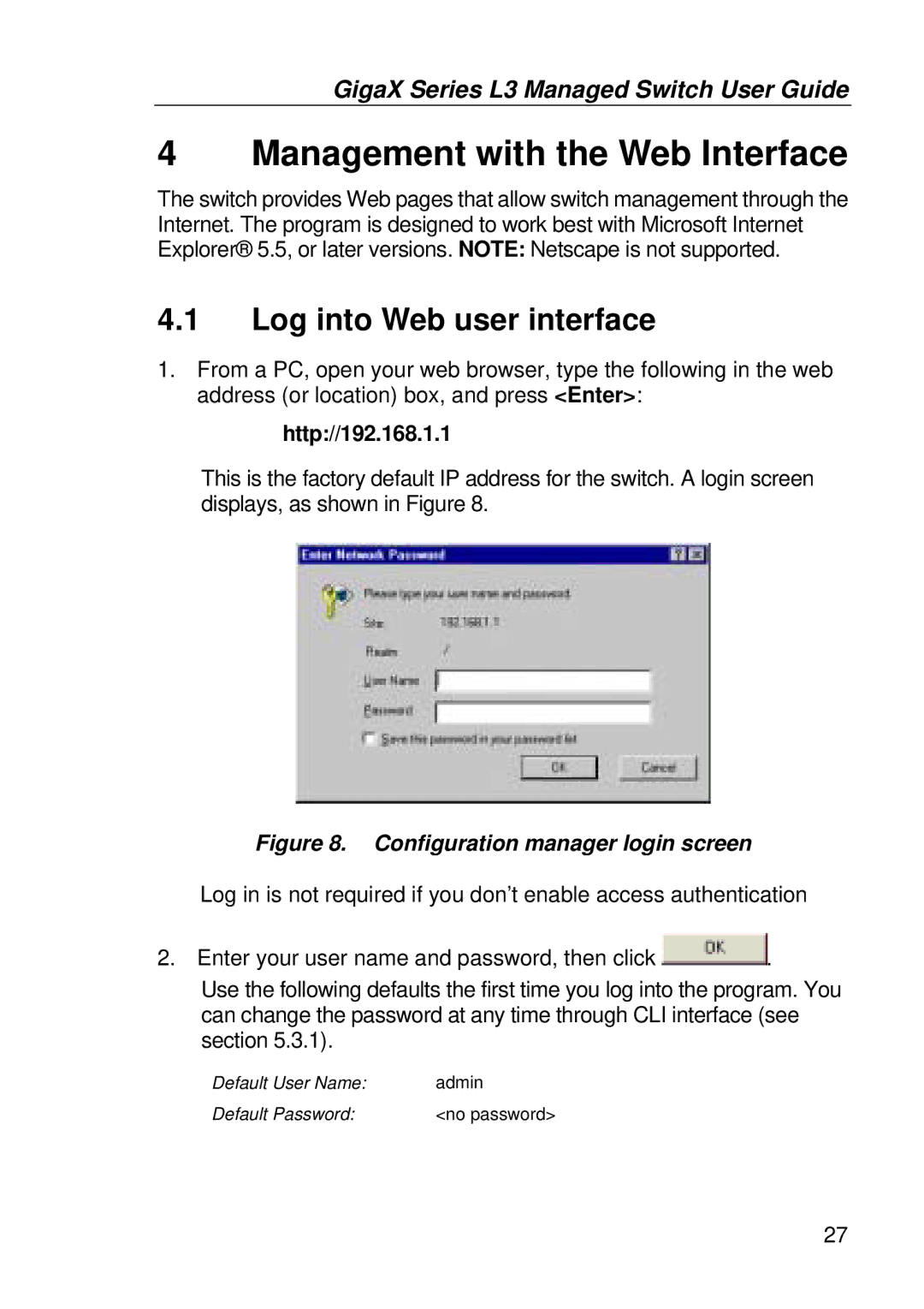 Asus GigaX manual Management with the Web Interface, Log into Web user interface 