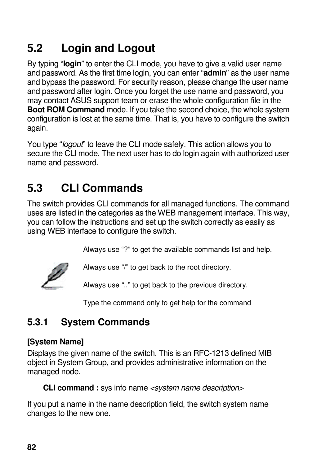 Asus GigaX manual Login and Logout, CLI Commands, System Commands, System Name 