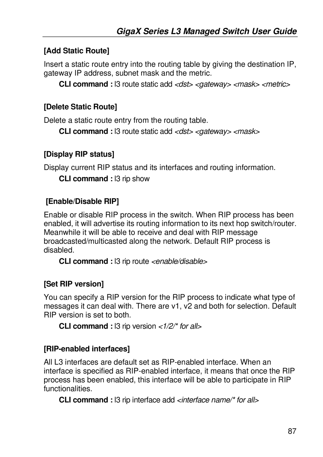 Asus GigaX manual Add Static Route, Delete Static Route, Display RIP status, CLI command l3 rip show Enable/Disable RIP 