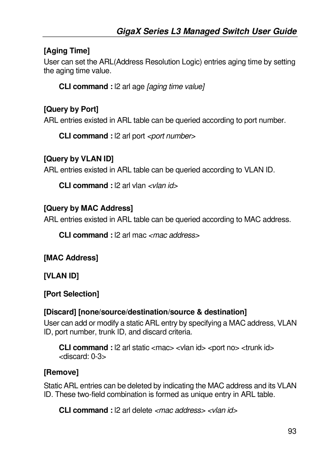 Asus GigaX manual Aging Time, Query by Port, CLI command l2 arl port port number Query by Vlan ID, Remove 