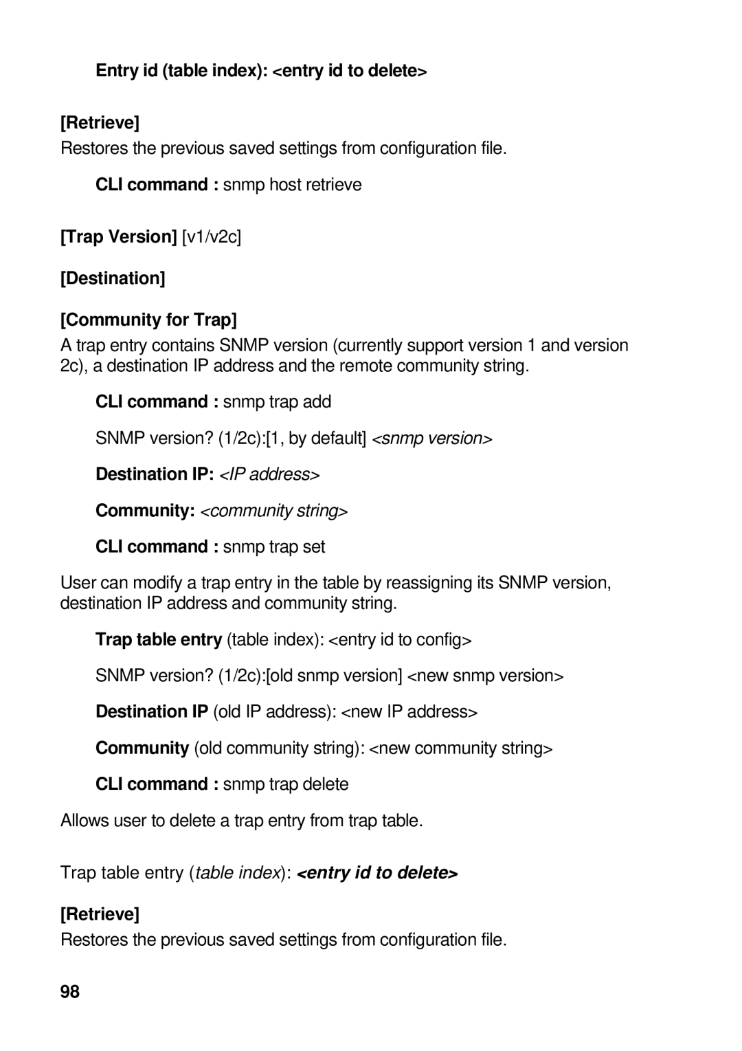 Asus GigaX manual Entry id table index entry id to delete Retrieve, Trap Version v1/v2c Destination Community for Trap 