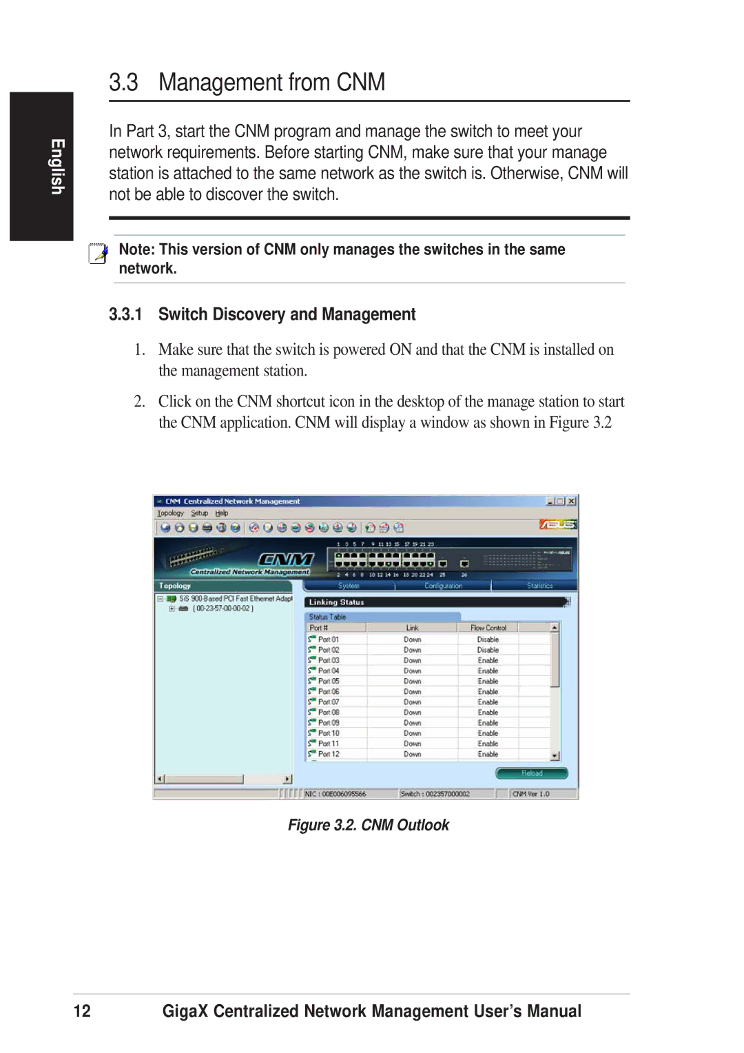 Asus GIGAX1024P warranty Management from CNM, Switch Discovery and Management 