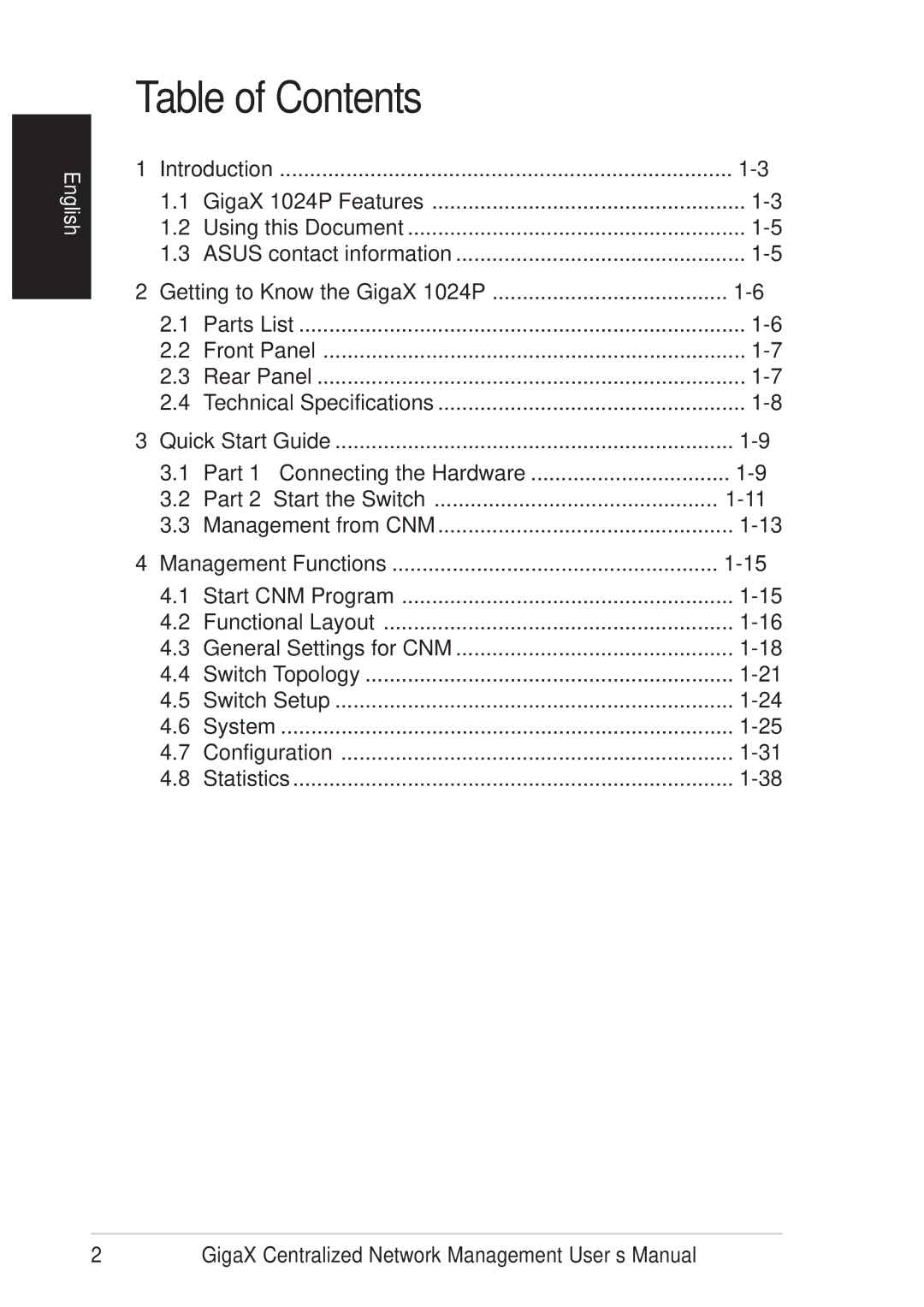 Asus GIGAX1024P warranty Table of Contents 