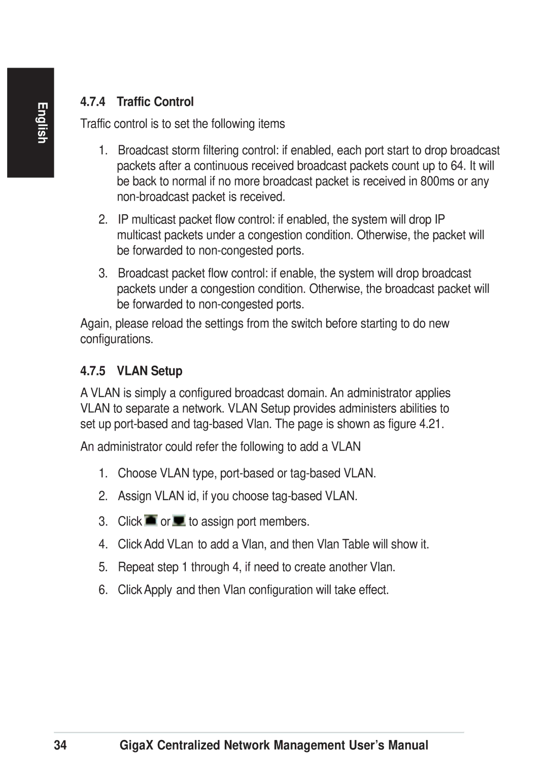 Asus GIGAX1024P warranty Traffic Control, Vlan Setup 