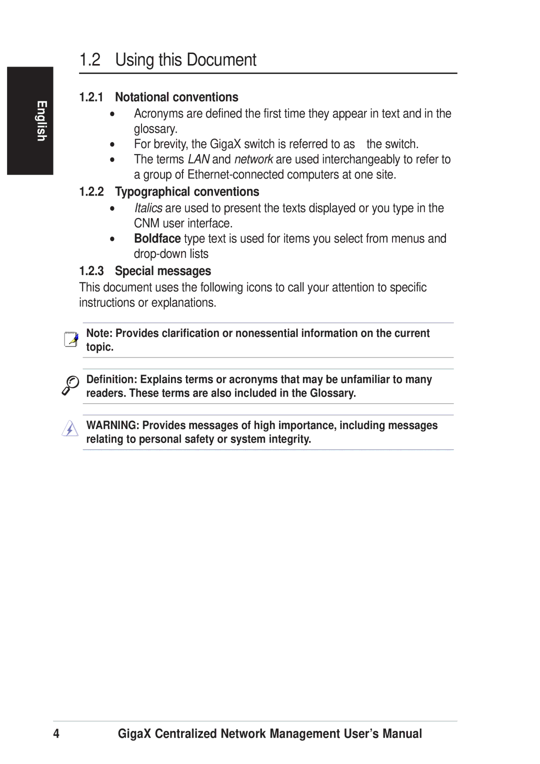 Asus GIGAX1024P warranty Using this Document, Notational conventions, Typographical conventions, Special messages 