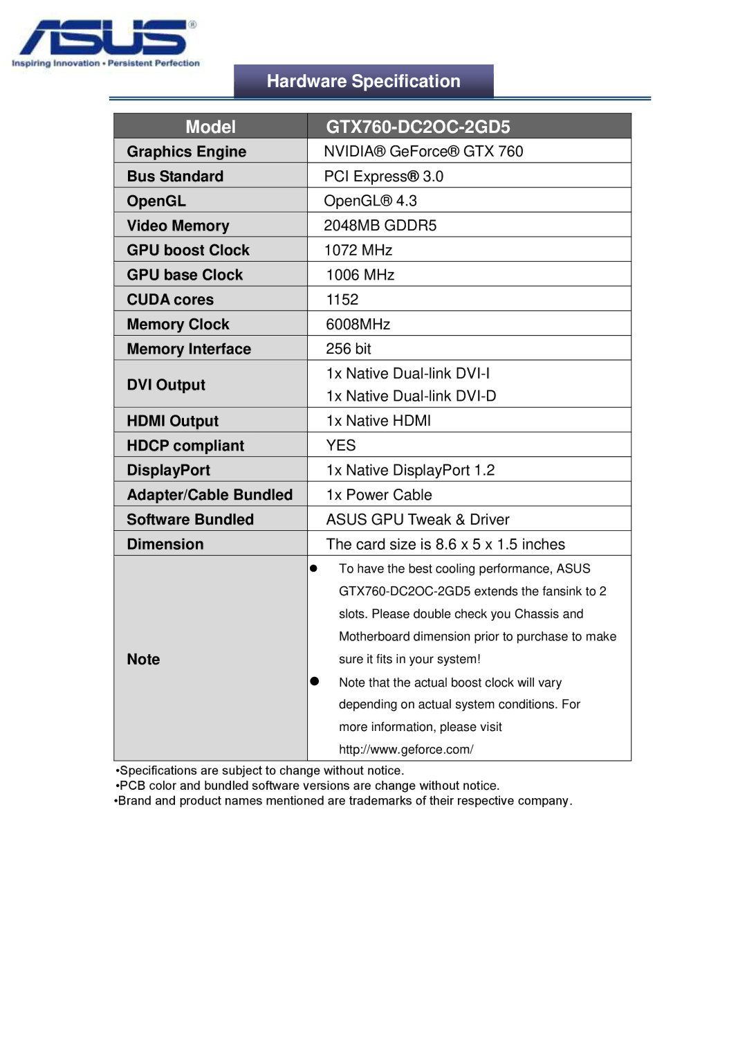 Asus GTX760DC2OC2GD5 manual Hardware Specification, Model GTX760-DC2OC-2GD5 