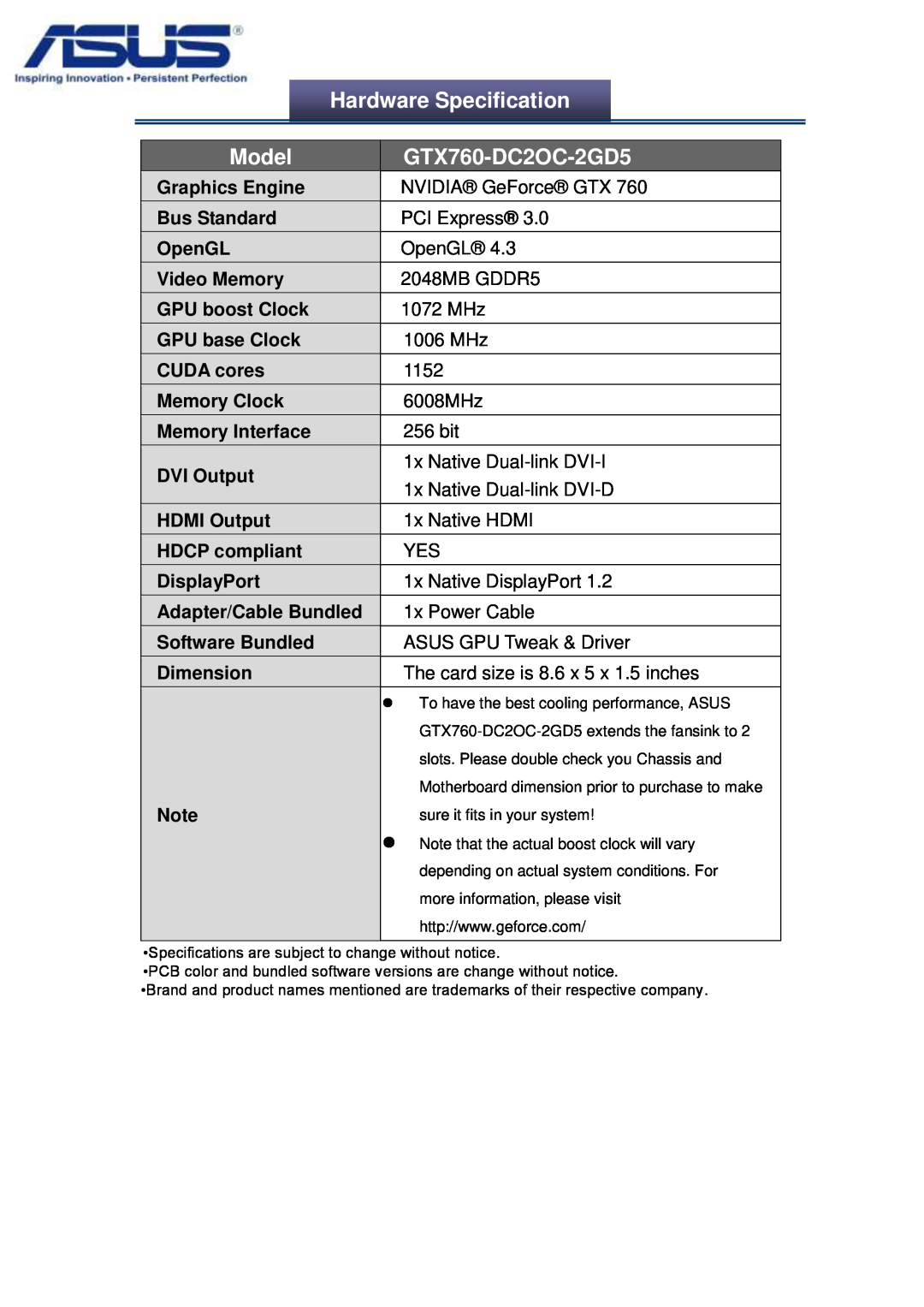 Asus GTX760DC2OC2GD5 manual Hardware Specification, Model, GTX760-DC2OC-2GD5 