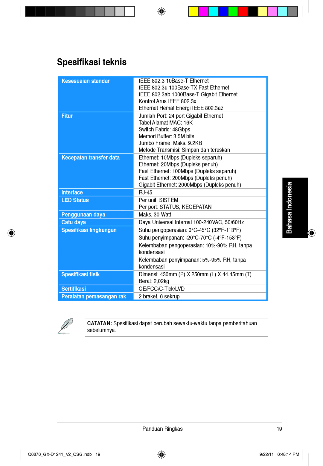 Asus GX-D1241 quick start Spesifikasi teknis, Spesifikasi fisik Sertifikasi 