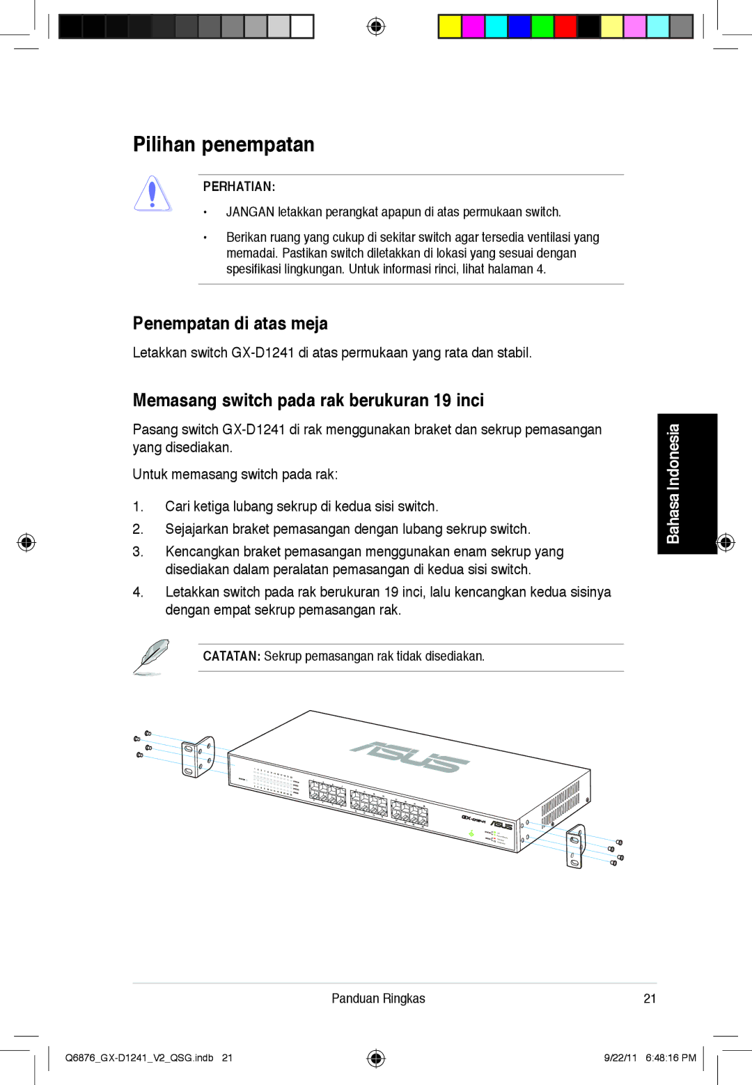 Asus GX-D1241 Pilihan penempatan, Penempatan di atas meja, Memasang switch pada rak berukuran 19 inci, Perhatian 