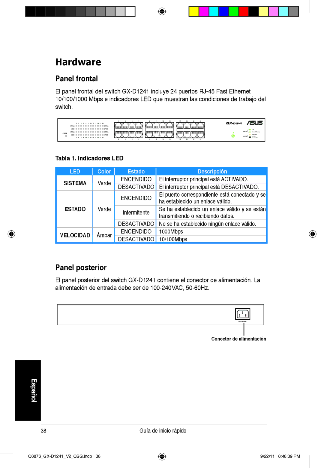 Asus GX-D1241 quick start Panel frontal, Panel posterior, Tabla 1. Indicadores LED, Sistema 