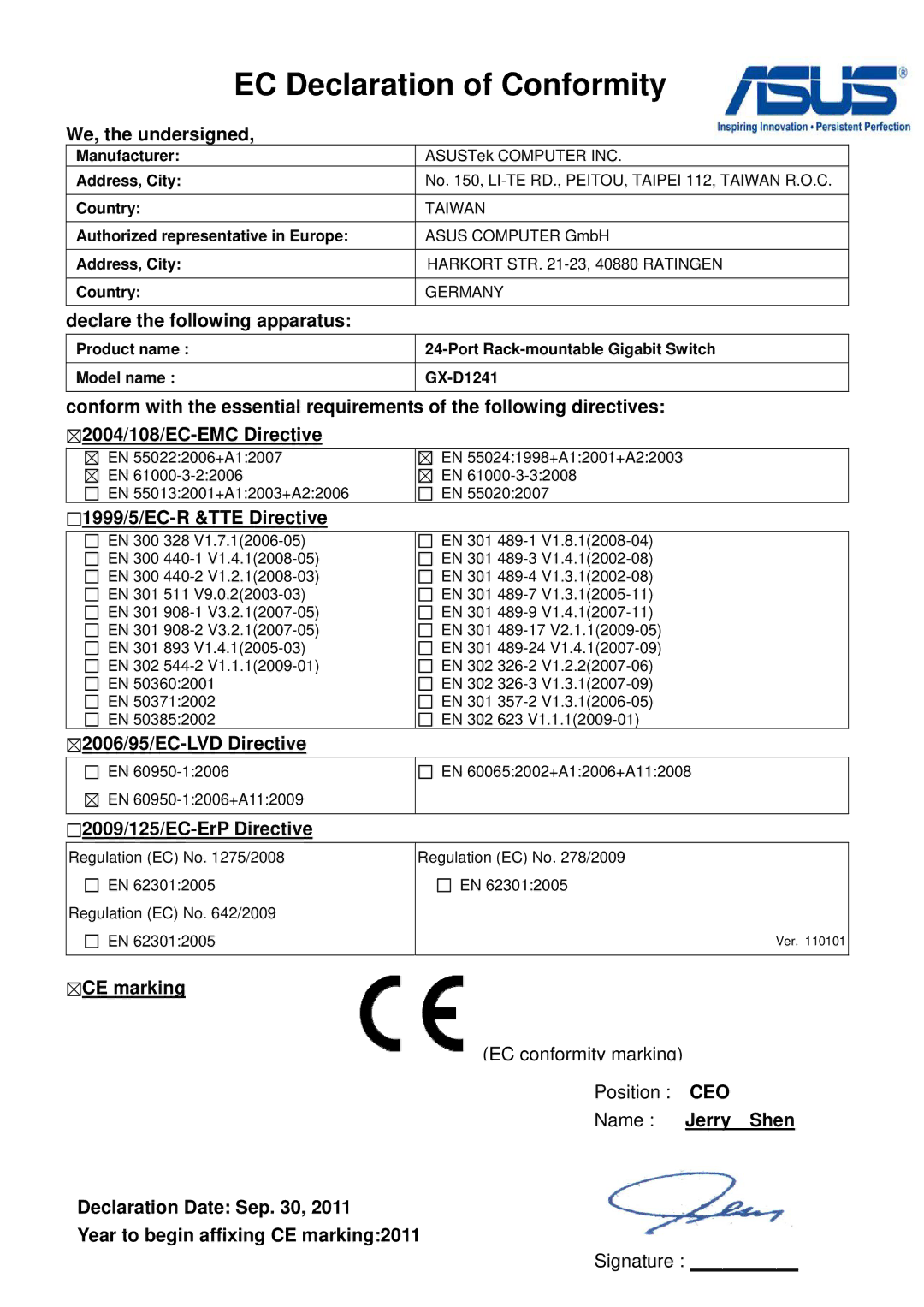 Asus GX-D1241 quick start EC Declaration of Conformity 