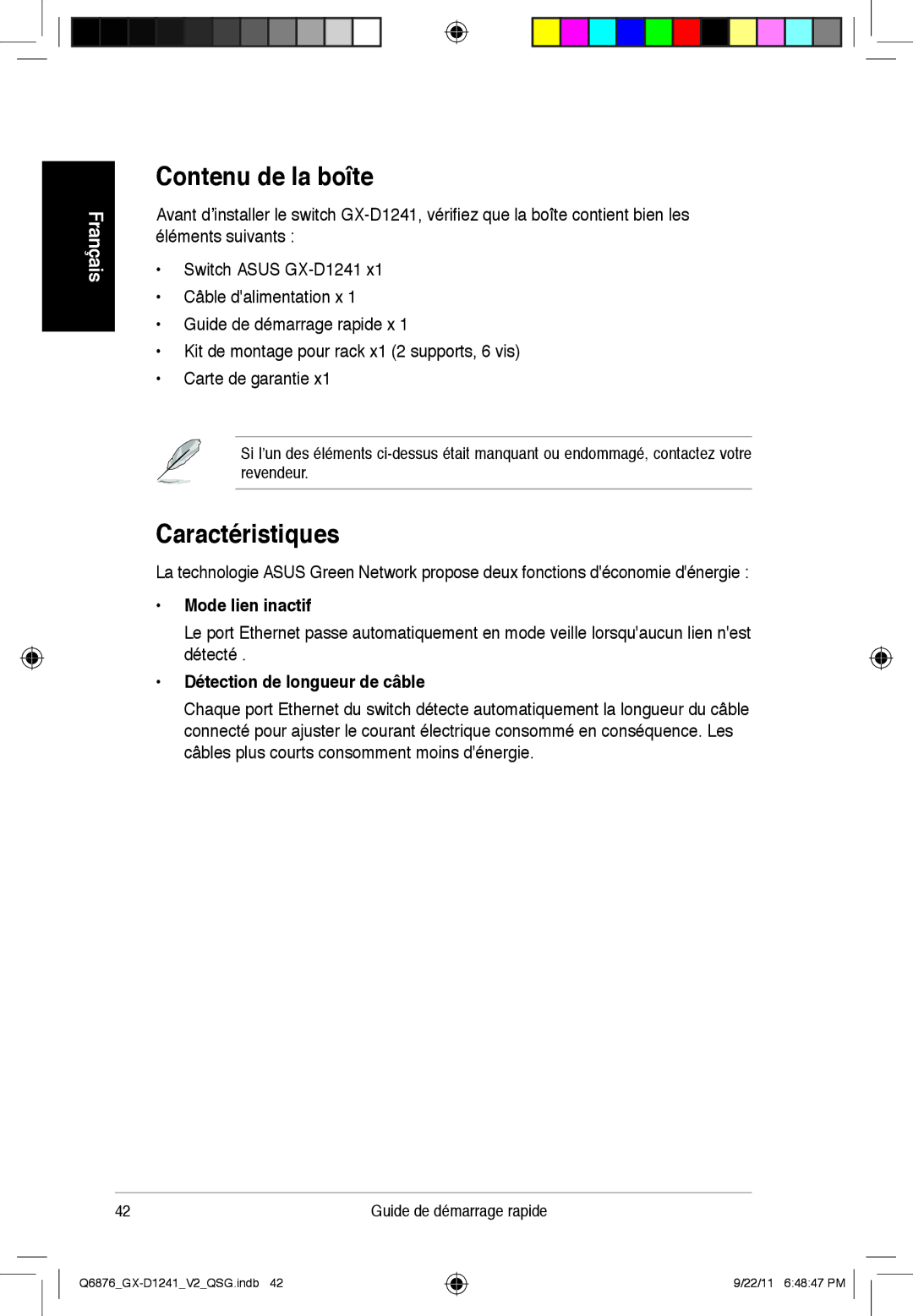 Asus GX-D1241 quick start Contenu de la boîte, Caractéristiques, Mode lien inactif, Détection de longueur de câble 