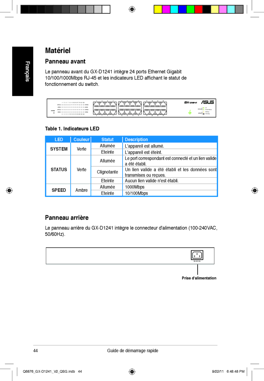 Asus GX-D1241 quick start Matériel, Panneau avant, Panneau arrière, Indicateurs LED 