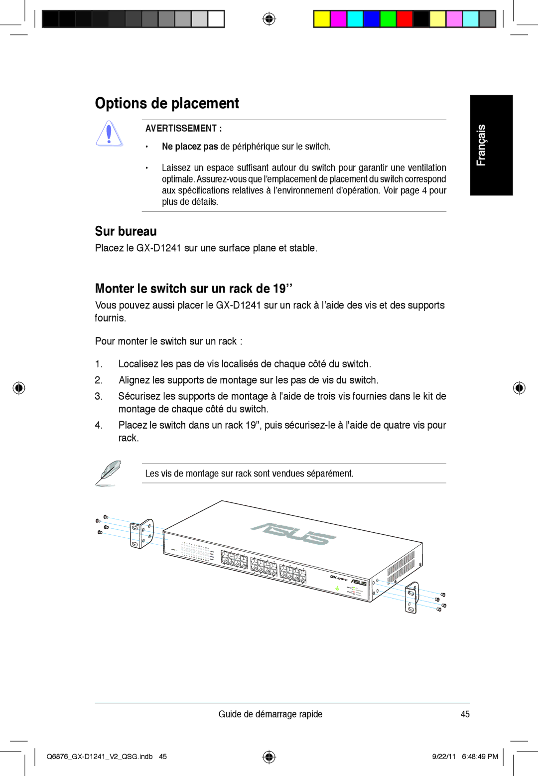 Asus GX-D1241 quick start Options de placement, Sur bureau, Monter le switch sur un rack de 19’’, Avertissement 