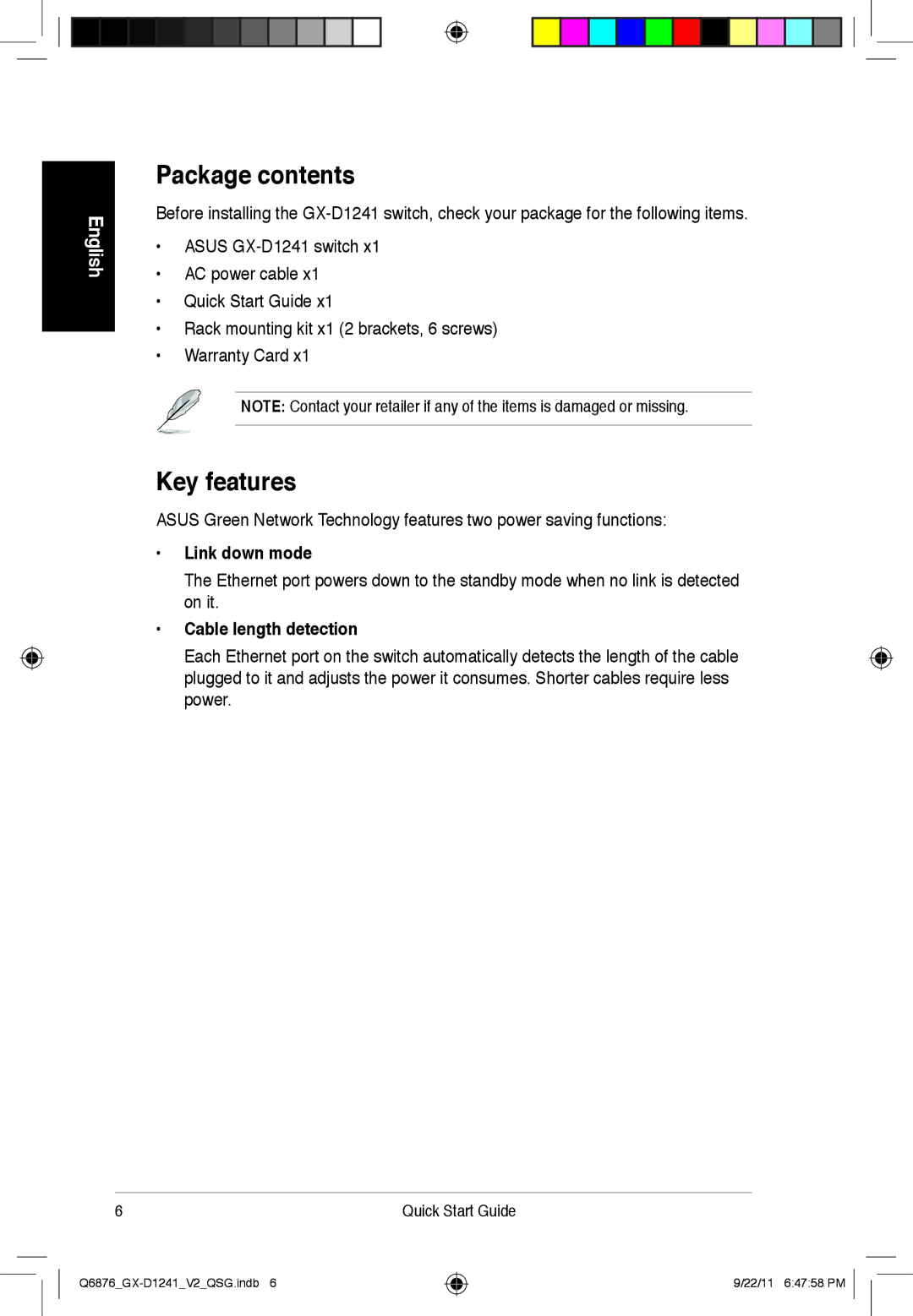 Asus GX-D1241 quick start Package contents, Key features 