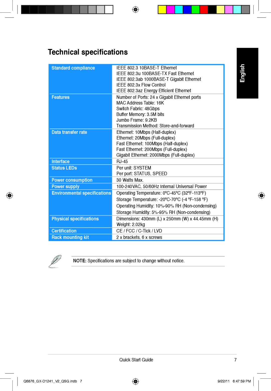 Asus GX-D1241 quick start Technical specifications, Physical specifications Certification Rack mounting kit 