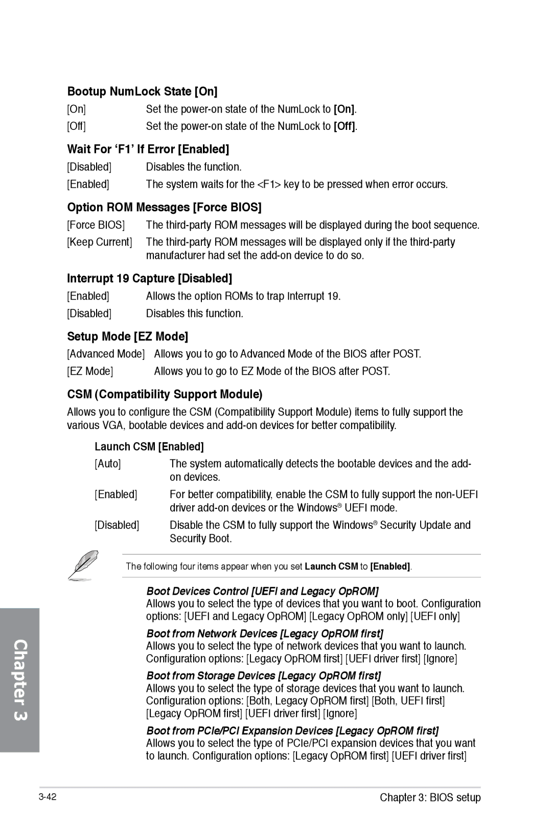 Asus H87M-PRO Bootup NumLock State On, Wait For ‘F1’ If Error Enabled, Option ROM Messages Force Bios, Setup Mode EZ Mode 