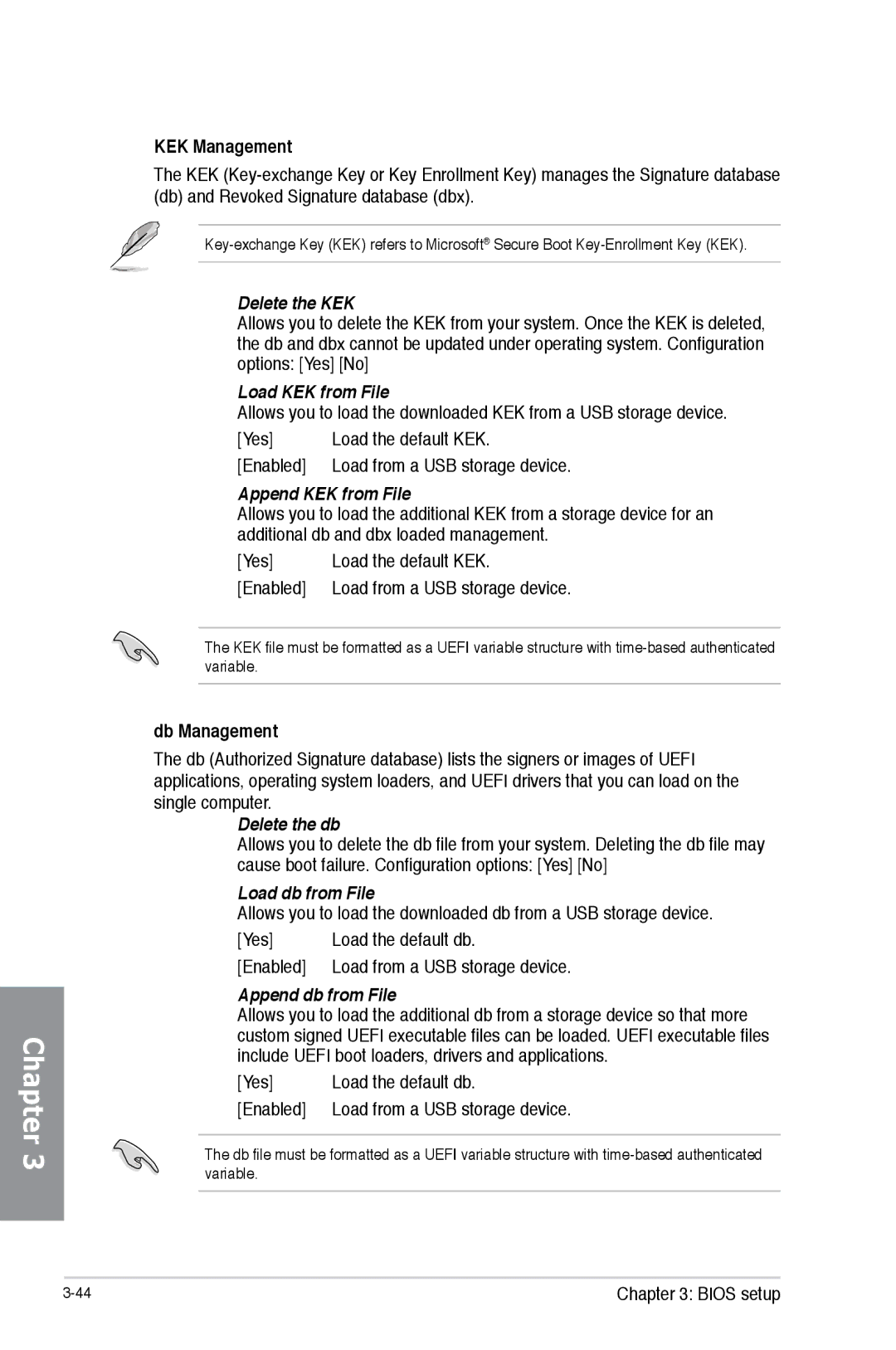 Asus H87M-PRO manual Delete the KEK, Load KEK from File, Append KEK from File, Delete the db, Load db from File 