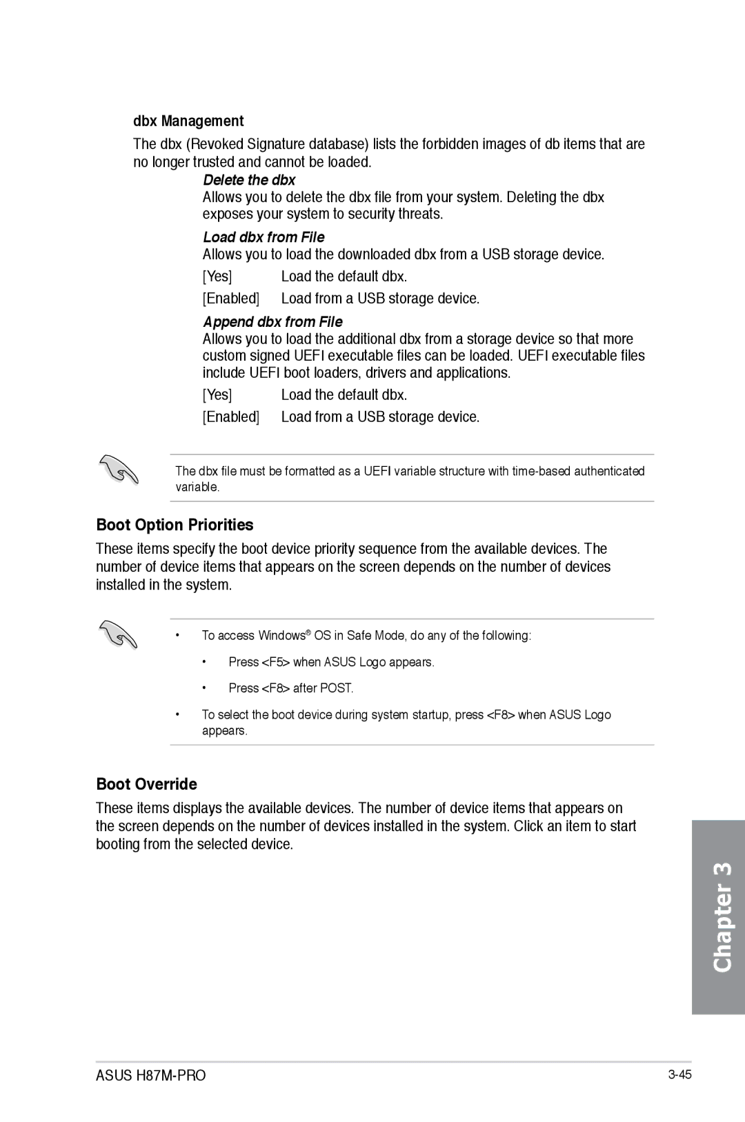 Asus H87M-PRO manual Boot Option Priorities, Boot Override, Delete the dbx, Load dbx from File, Append dbx from File 