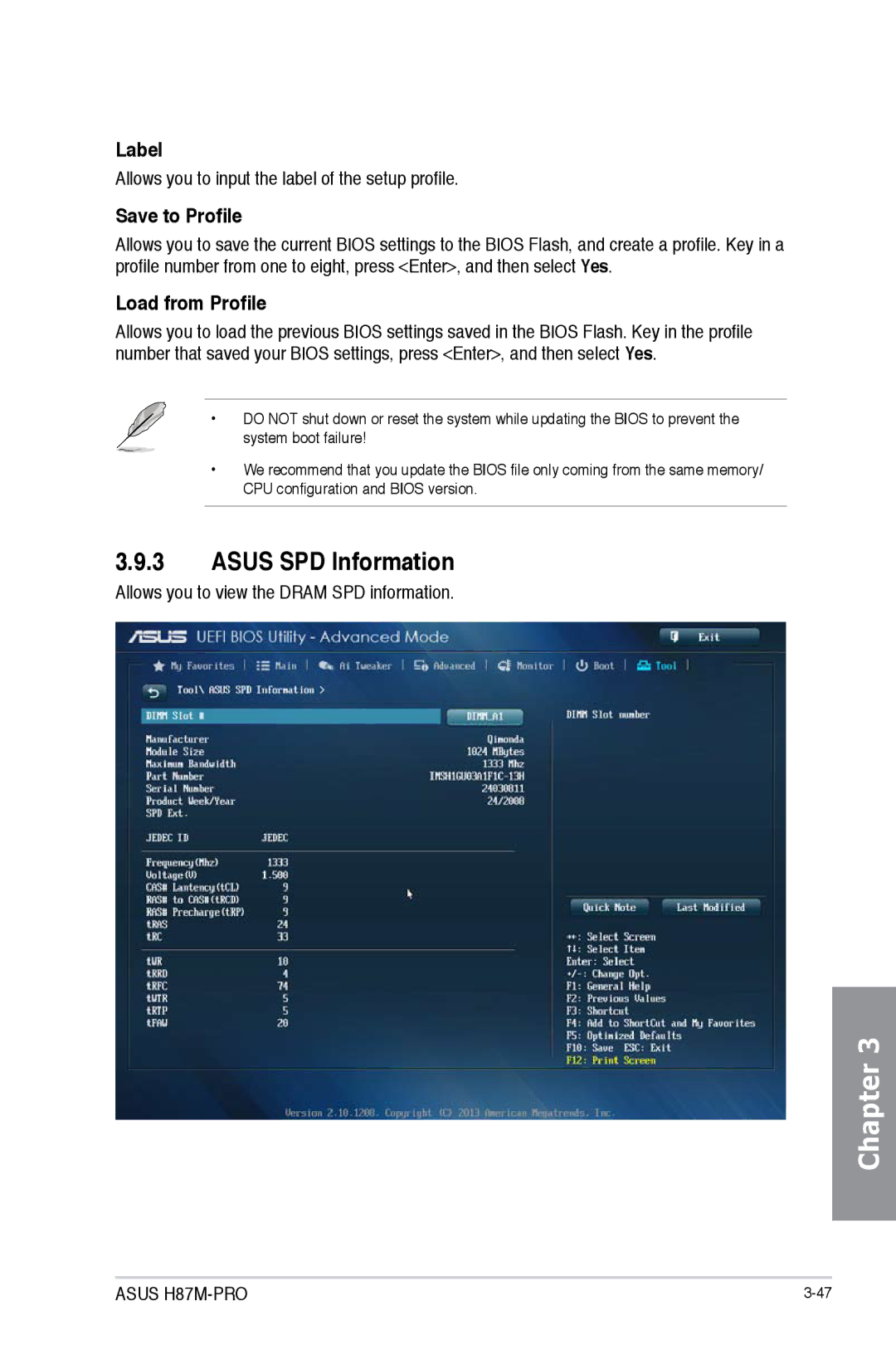 Asus H87M-PRO manual Asus SPD Information, Label, Save to Profile, Load from Profile 