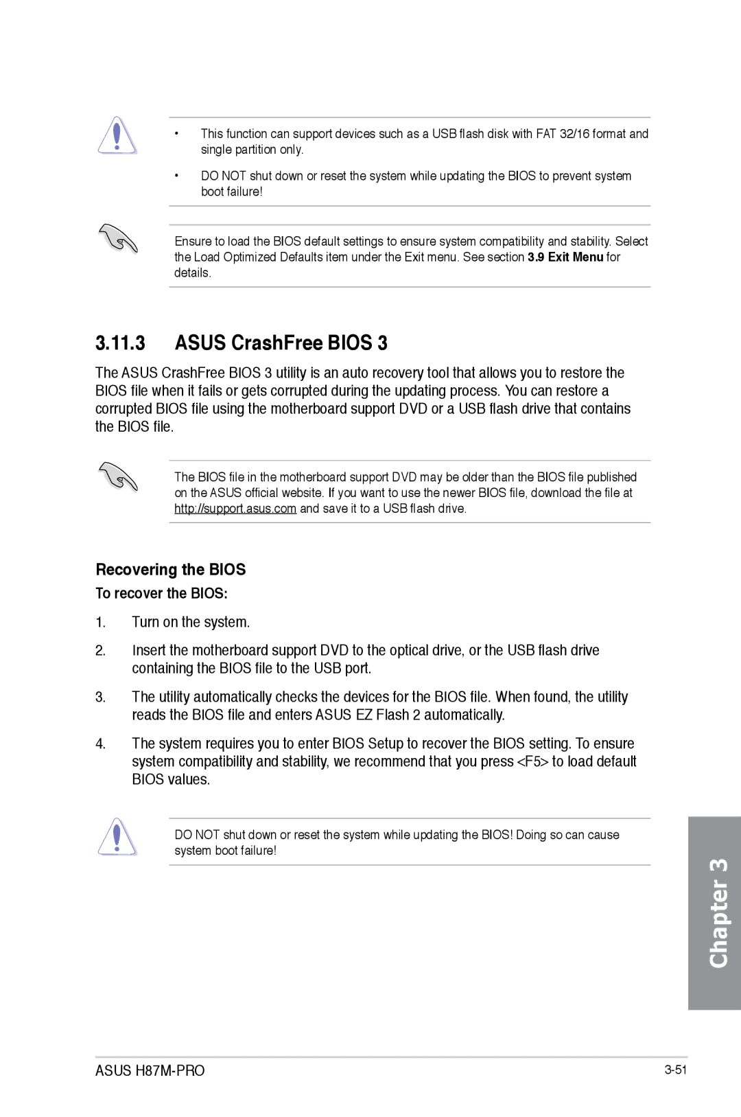 Asus H87M-PRO manual Asus CrashFree Bios, Recovering the Bios, To recover the Bios 