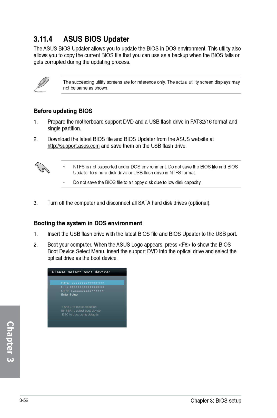 Asus H87M-PRO manual Asus Bios Updater, Before updating Bios, Booting the system in DOS environment 