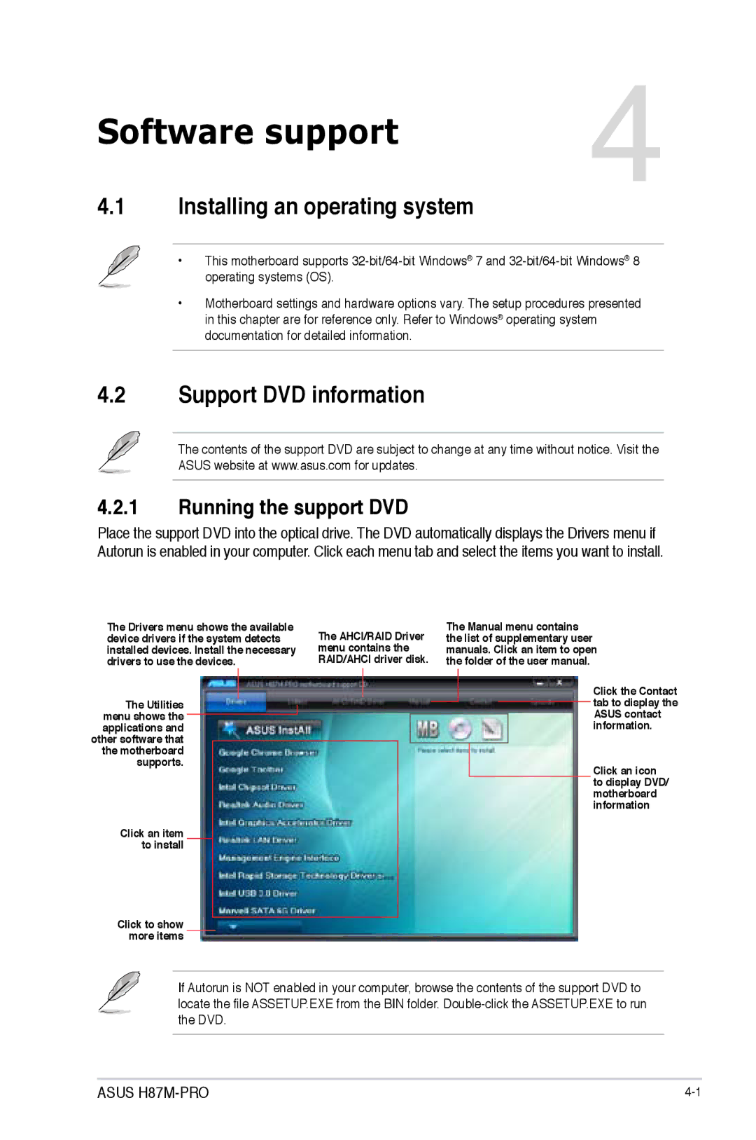 Asus H87M-PRO manual Installing an operating system, Support DVD information, Running the support DVD 