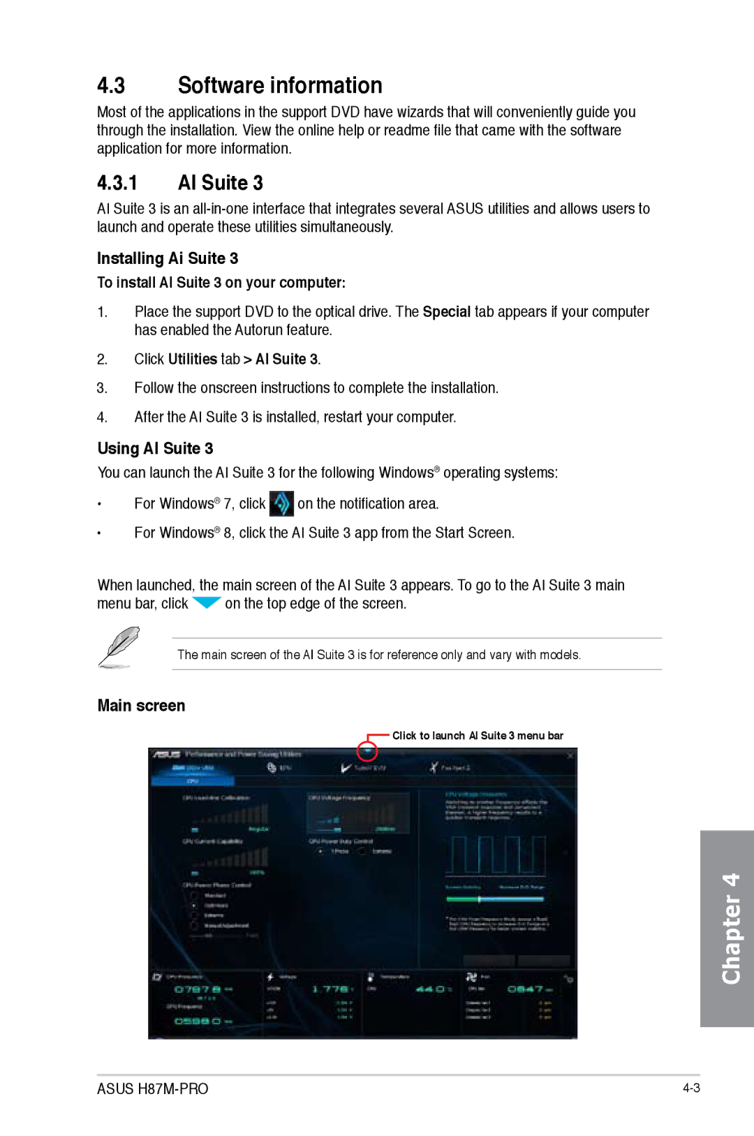 Asus H87M-PRO manual Software information, Installing Ai Suite, Using AI Suite, Main screen 