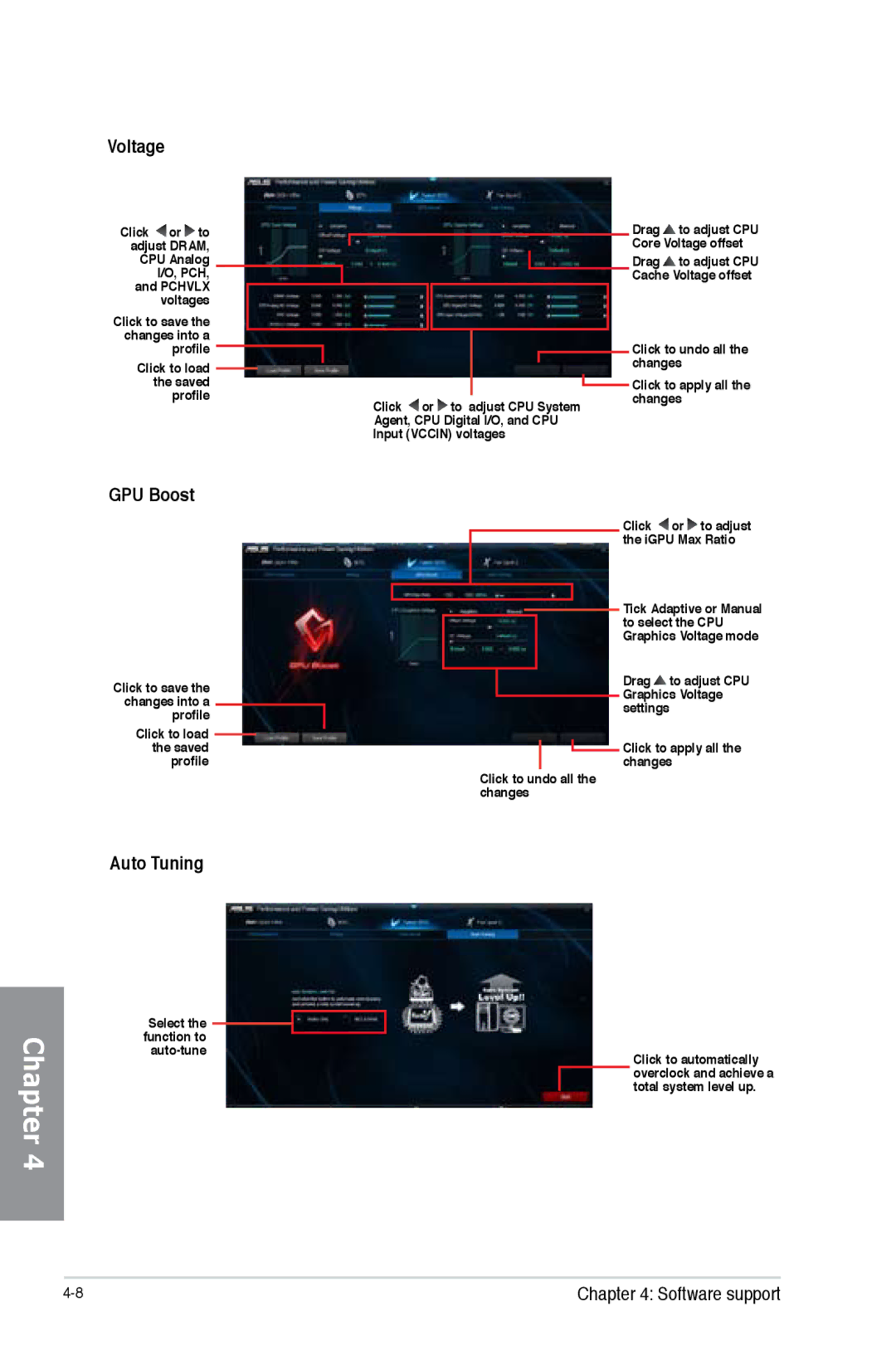 Asus H87M-PRO manual Voltage, GPU Boost, Auto Tuning 