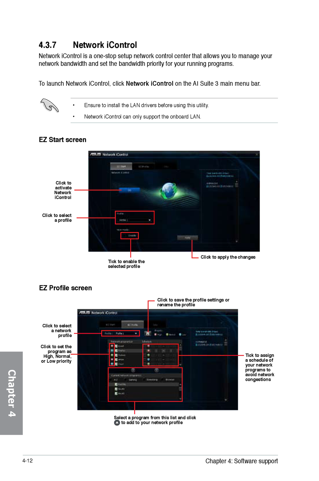 Asus H87M-PRO manual Network iControl, EZ Start screen, EZ Profile screen 