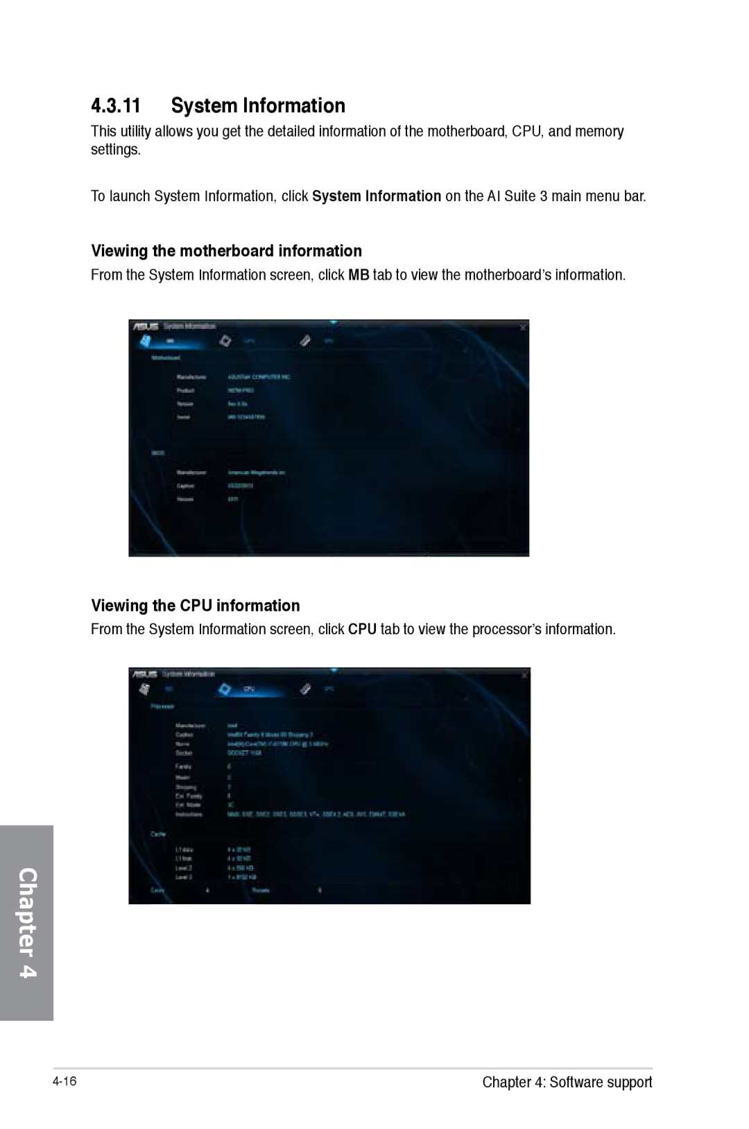 Asus H87M-PRO manual System Information, Viewing the motherboard information, Viewing the CPU information 