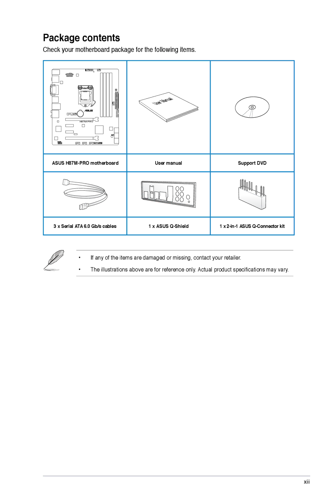 Asus H87M-PRO manual Package contents 