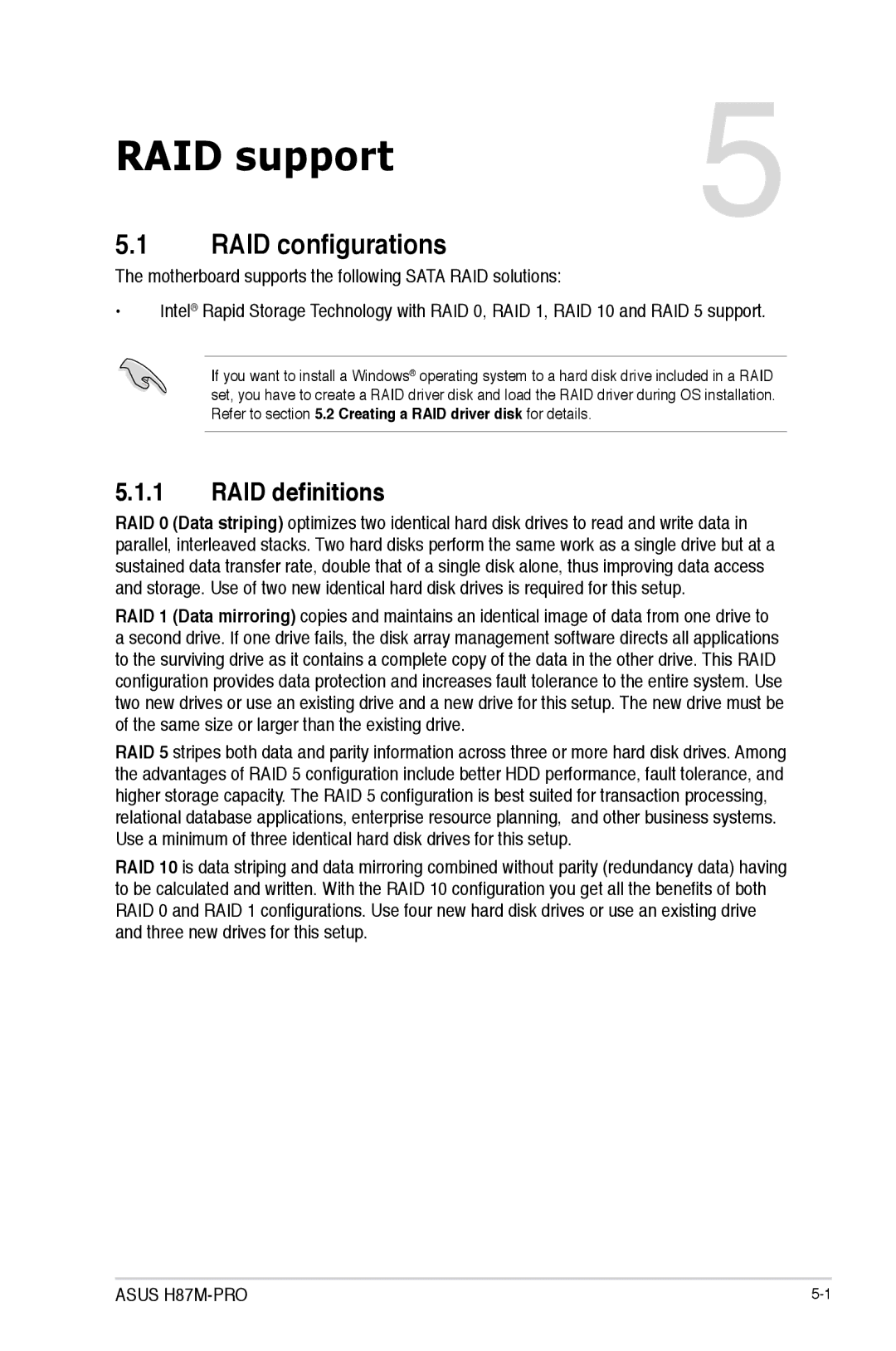 Asus H87M-PRO manual RAID configurations, RAID definitions 