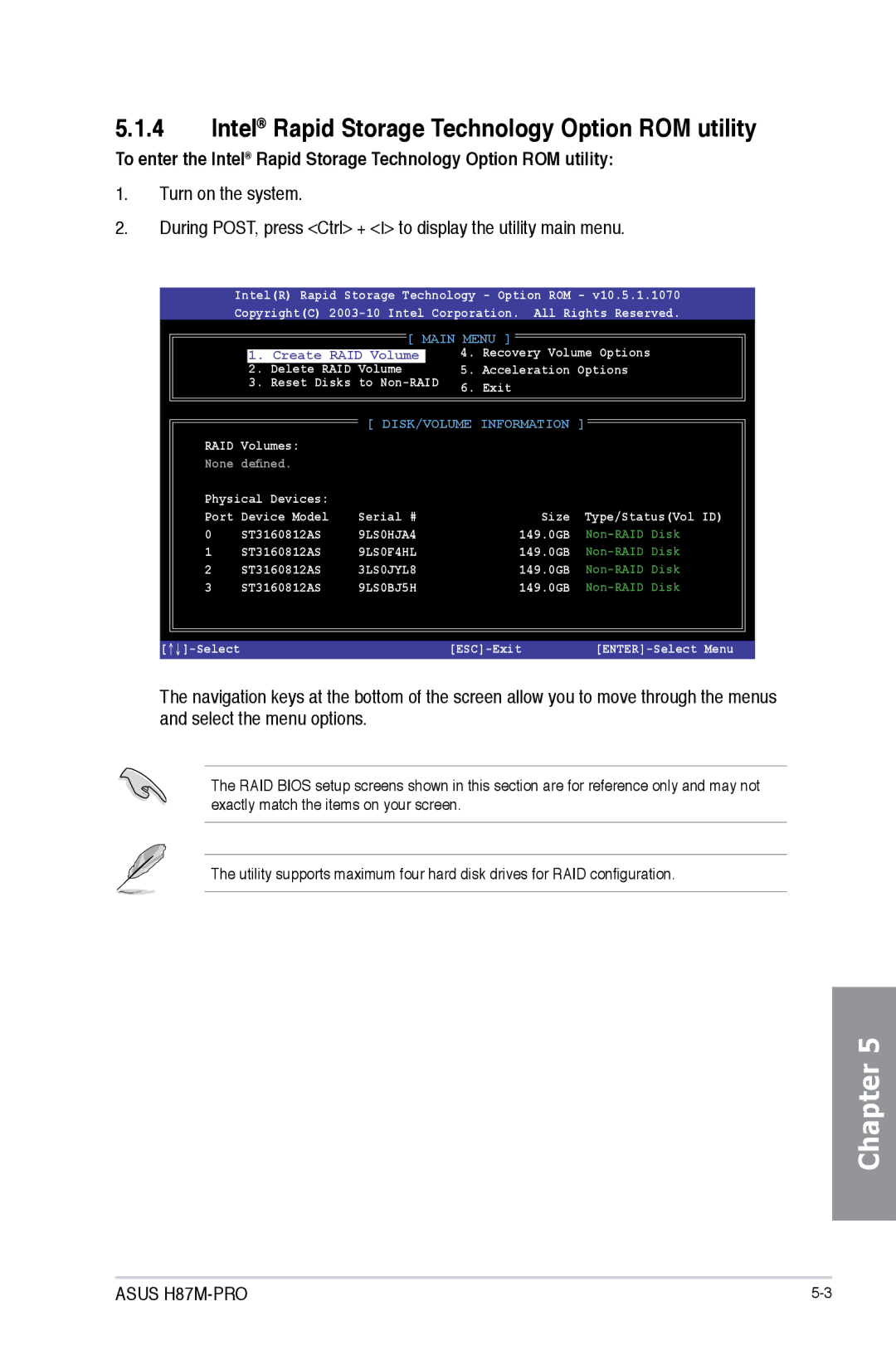 Asus H87M-PRO manual Intel Rapid Storage Technology Option ROM utility, Main Menu 