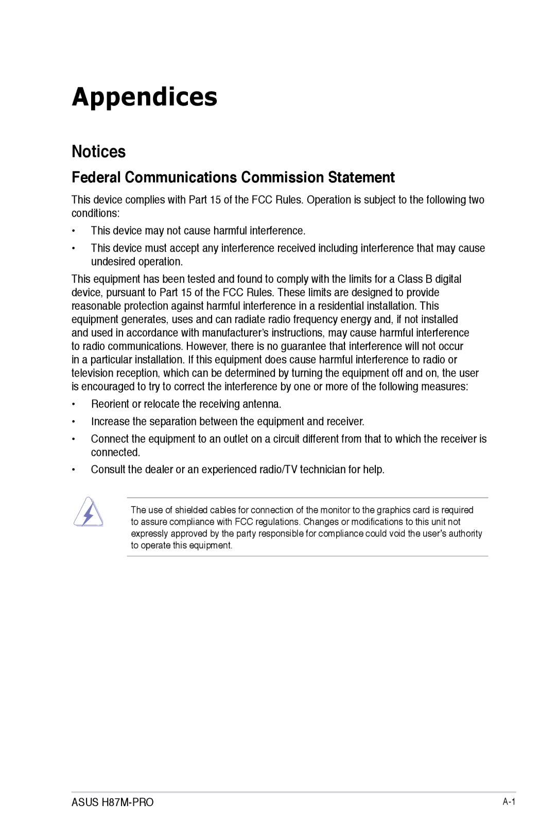 Asus H87M-PRO manual Appendices, Federal Communications Commission Statement 