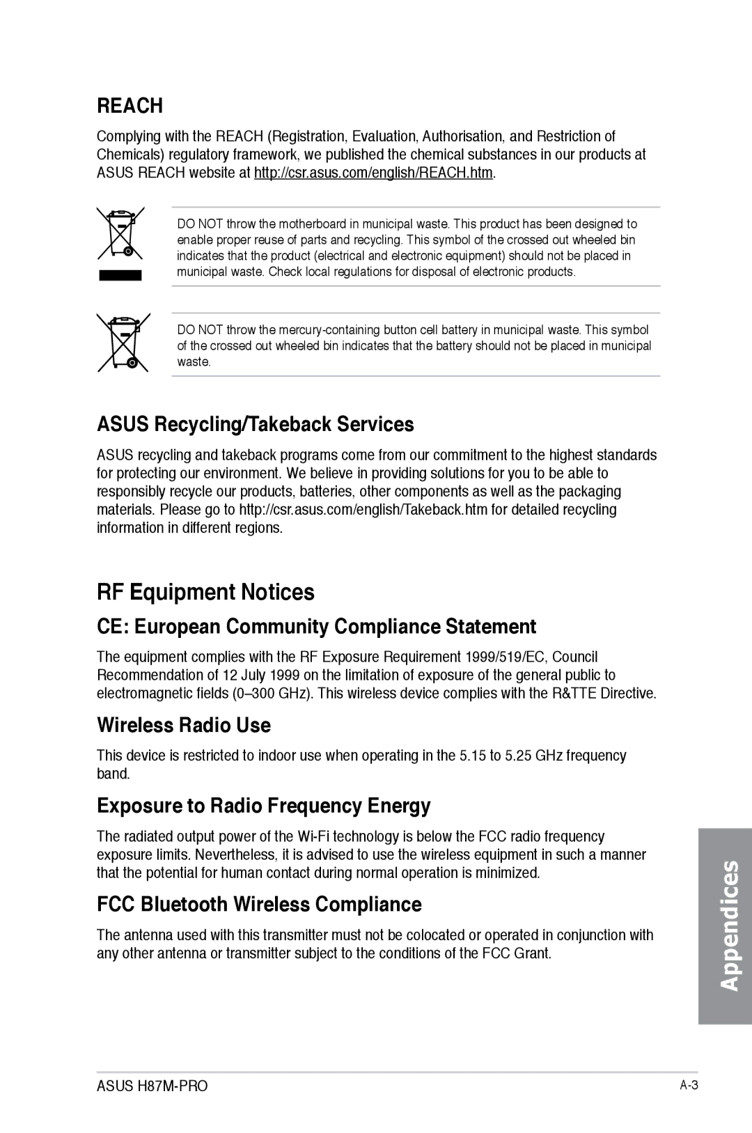 Asus H87M-PRO manual RF Equipment Notices 