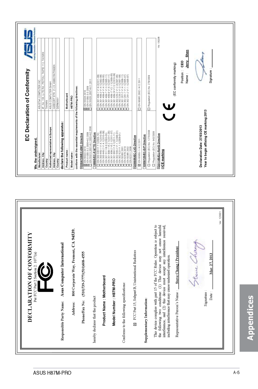 Asus H87M-PRO manual EC Declaration of Conformity 