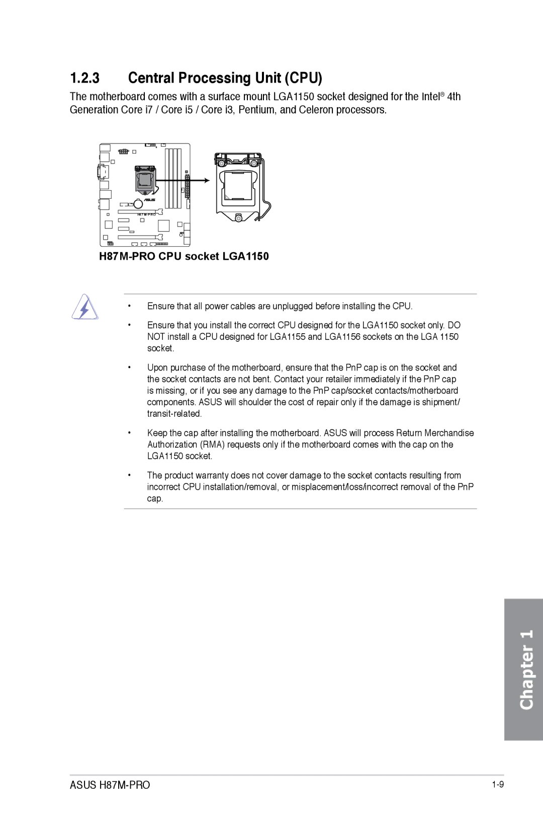 Asus manual Central Processing Unit CPU, H87M-PRO CPU socket LGA1150 