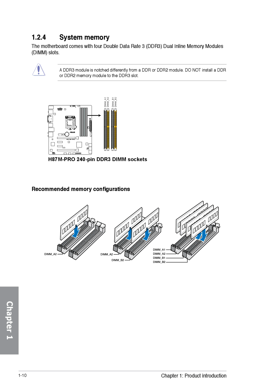 Asus H87M-PRO manual System memory, Recommended memory configurations 