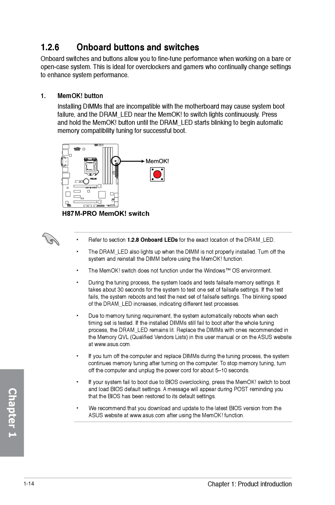 Asus H87M-PRO manual Onboard buttons and switches, MemOK! button 