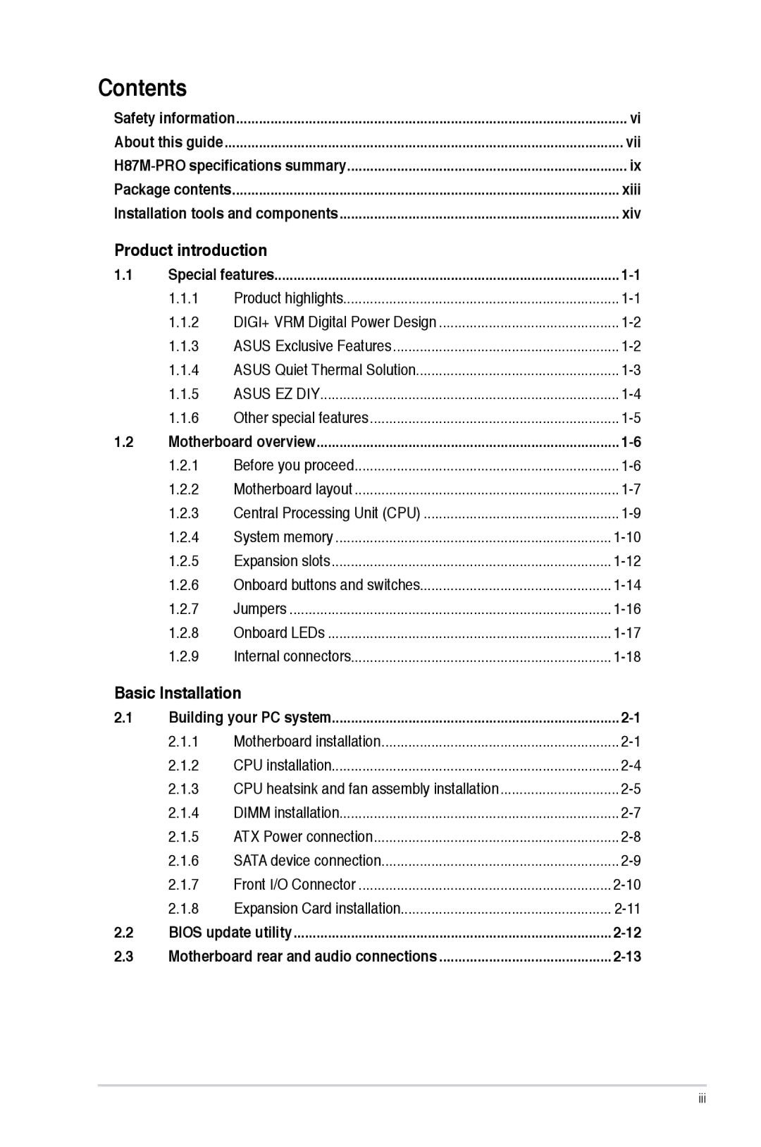 Asus H87M-PRO manual Contents 