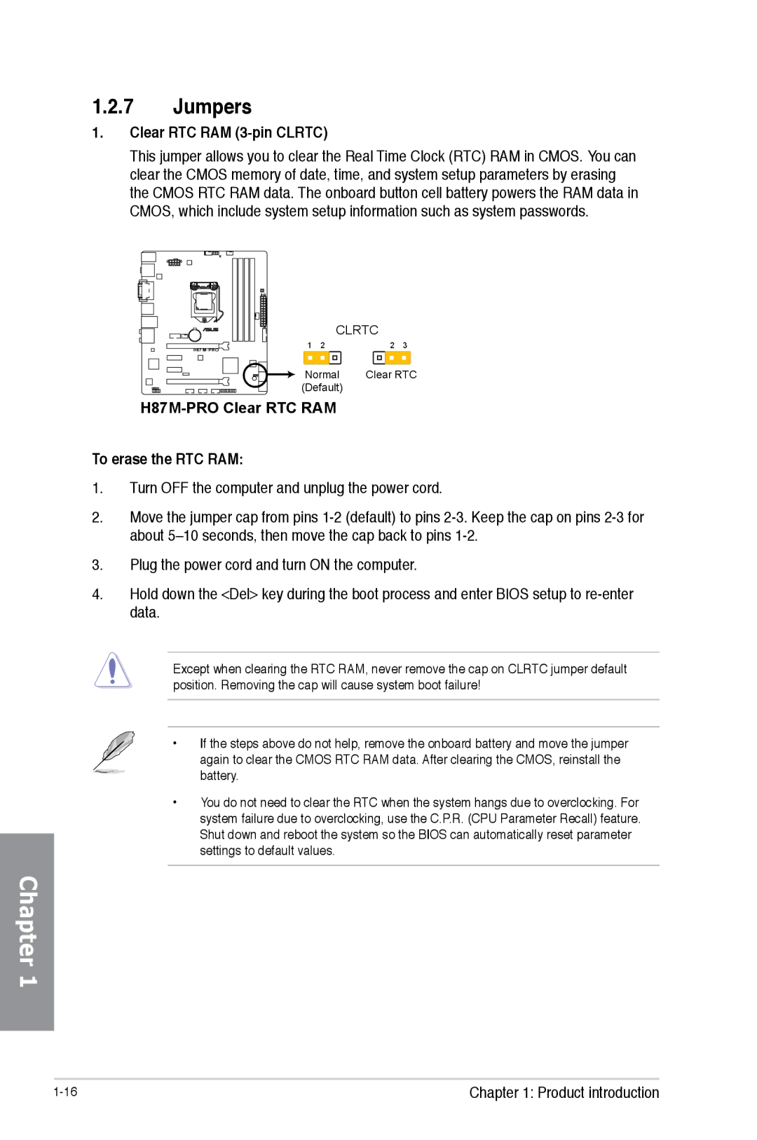 Asus H87M-PRO manual Jumpers, Clear RTC RAM 3-pin Clrtc 